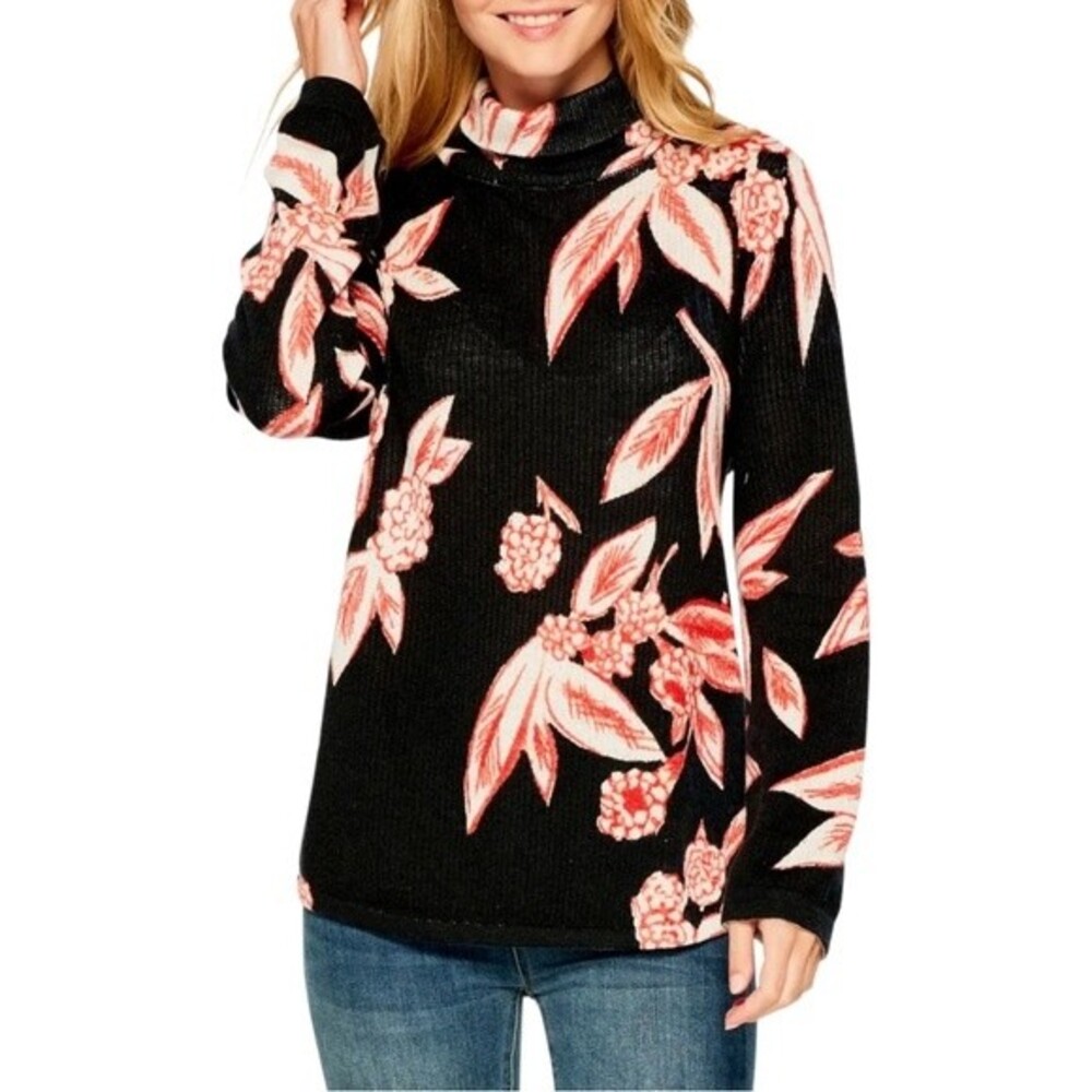 NWT Nic + Zoe Sweater Flowering Tundra Turtleneck Black Multi Size Medium NEW